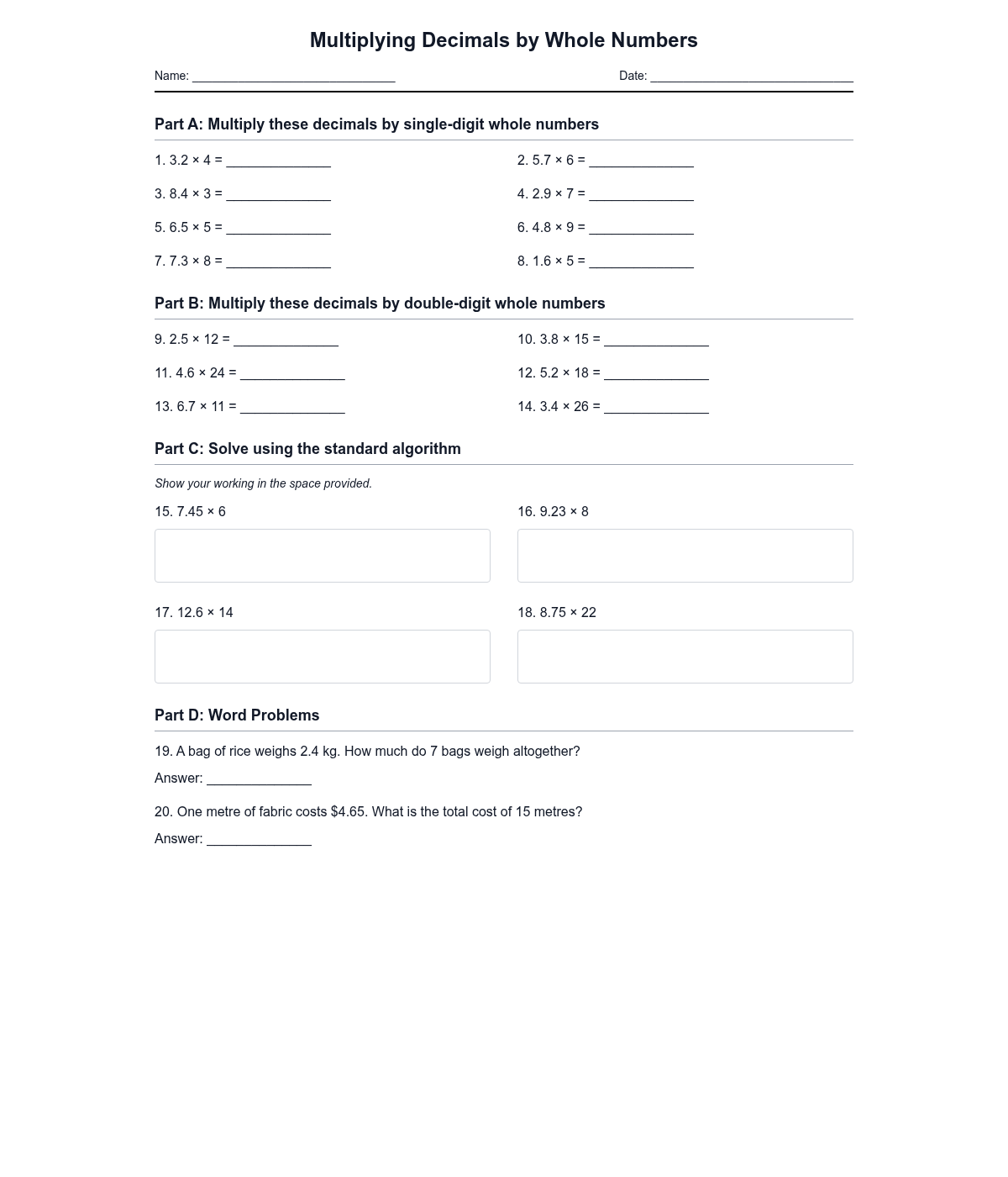 Multiplying Decimals by Whole Numbers