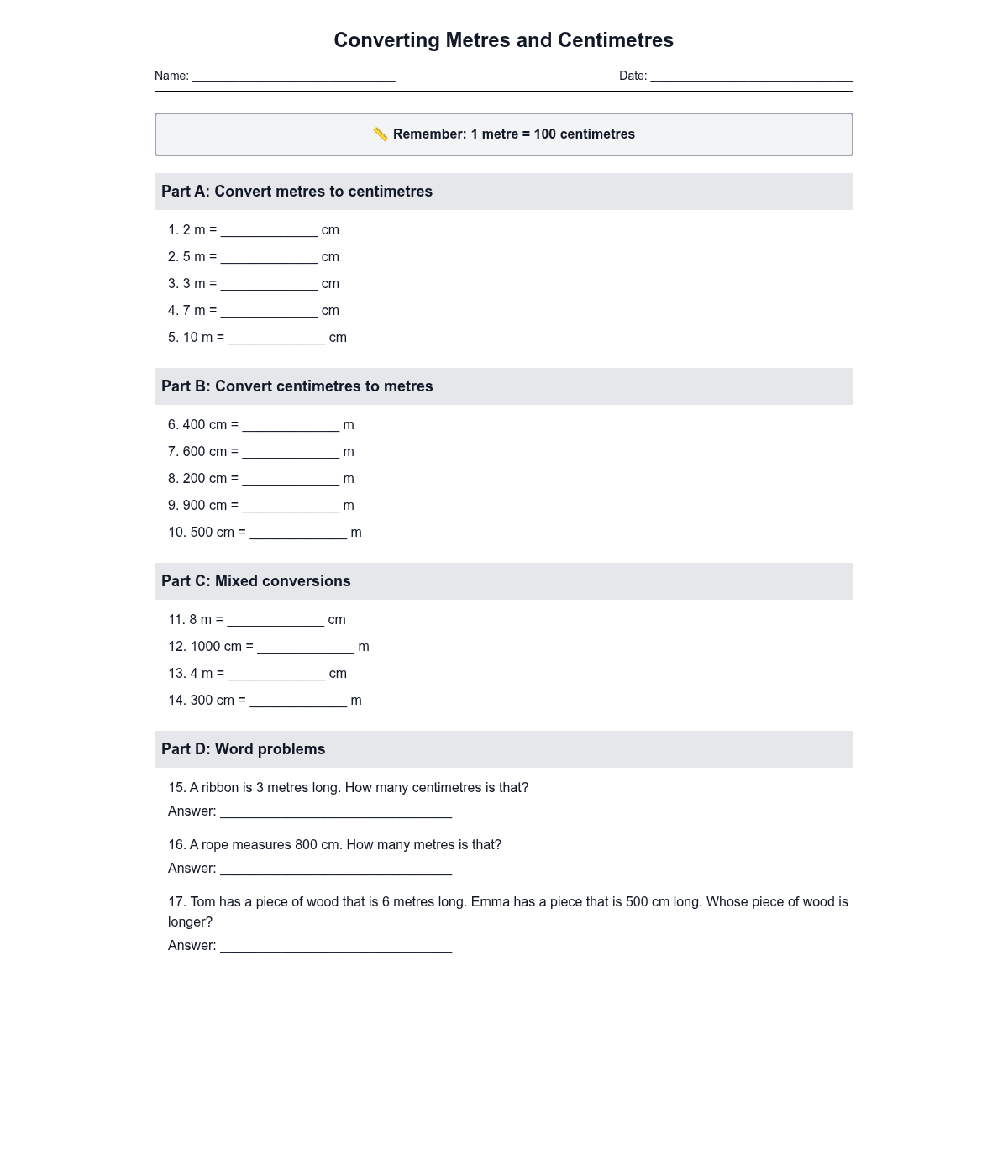 Converting Metres and Centimetres