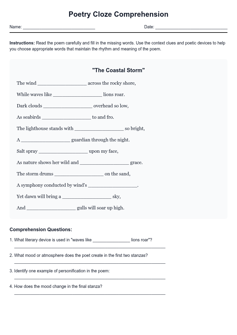 Poetry Cloze Comprehension Worksheet