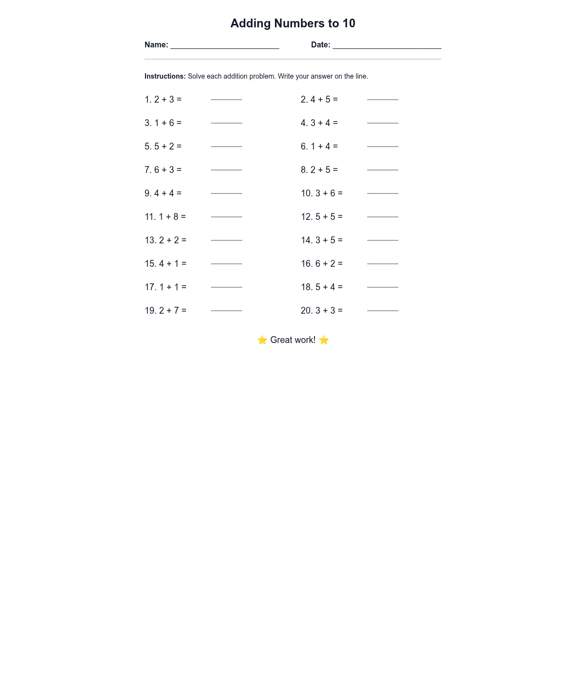 Adding Numbers to 10