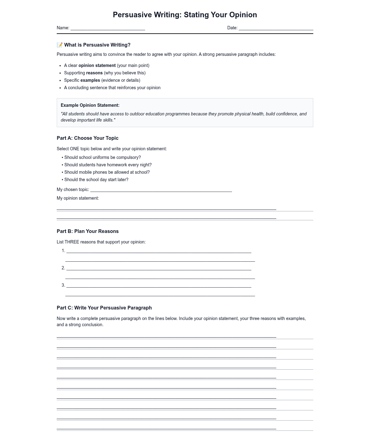 Persuasive Writing: Stating Your Opinion