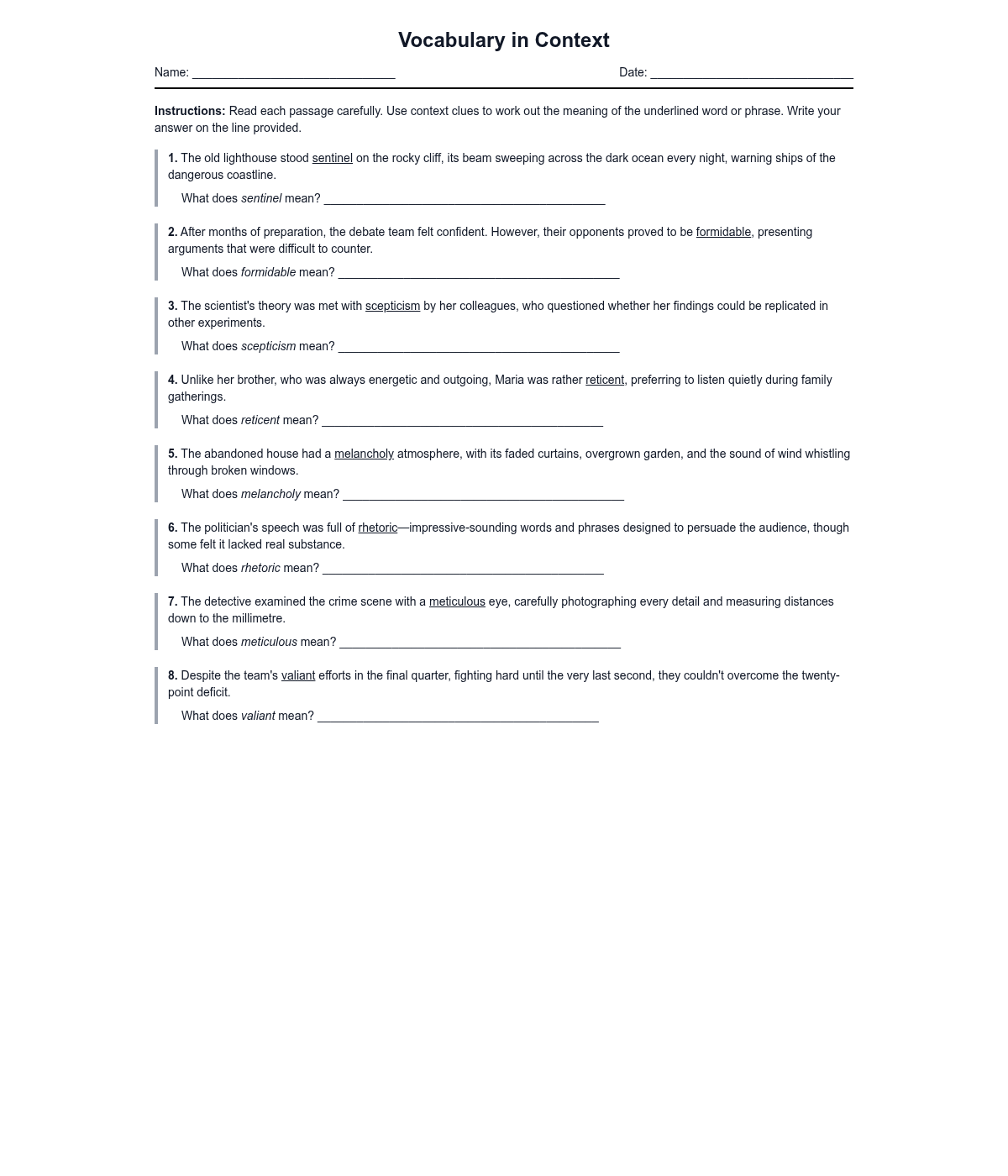 Vocabulary in Context Questions