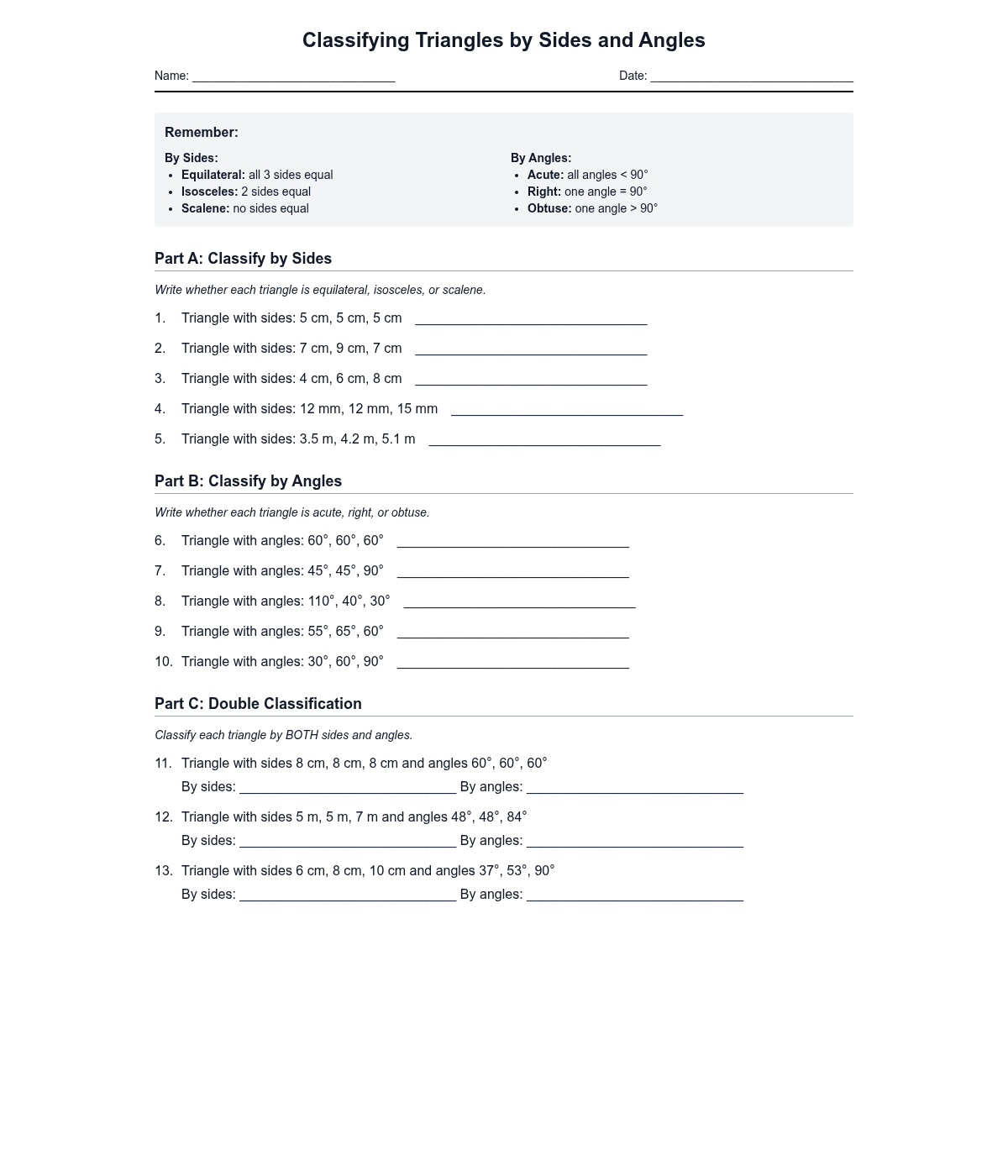Classifying Triangles by Sides and Angles
