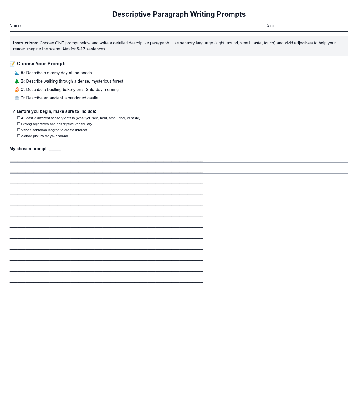 Descriptive Paragraph Writing Prompts