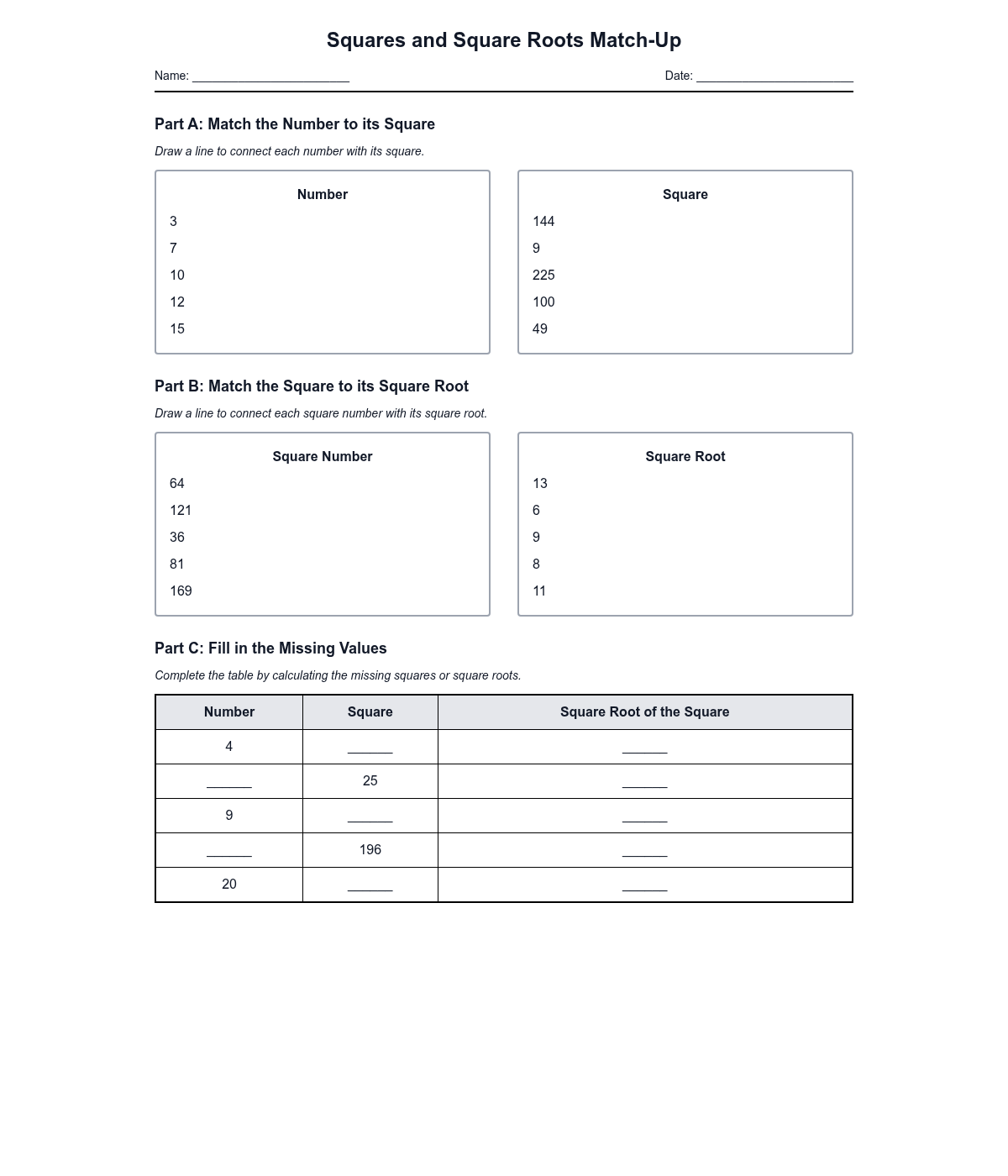 Squares and Square Roots Match-Up
