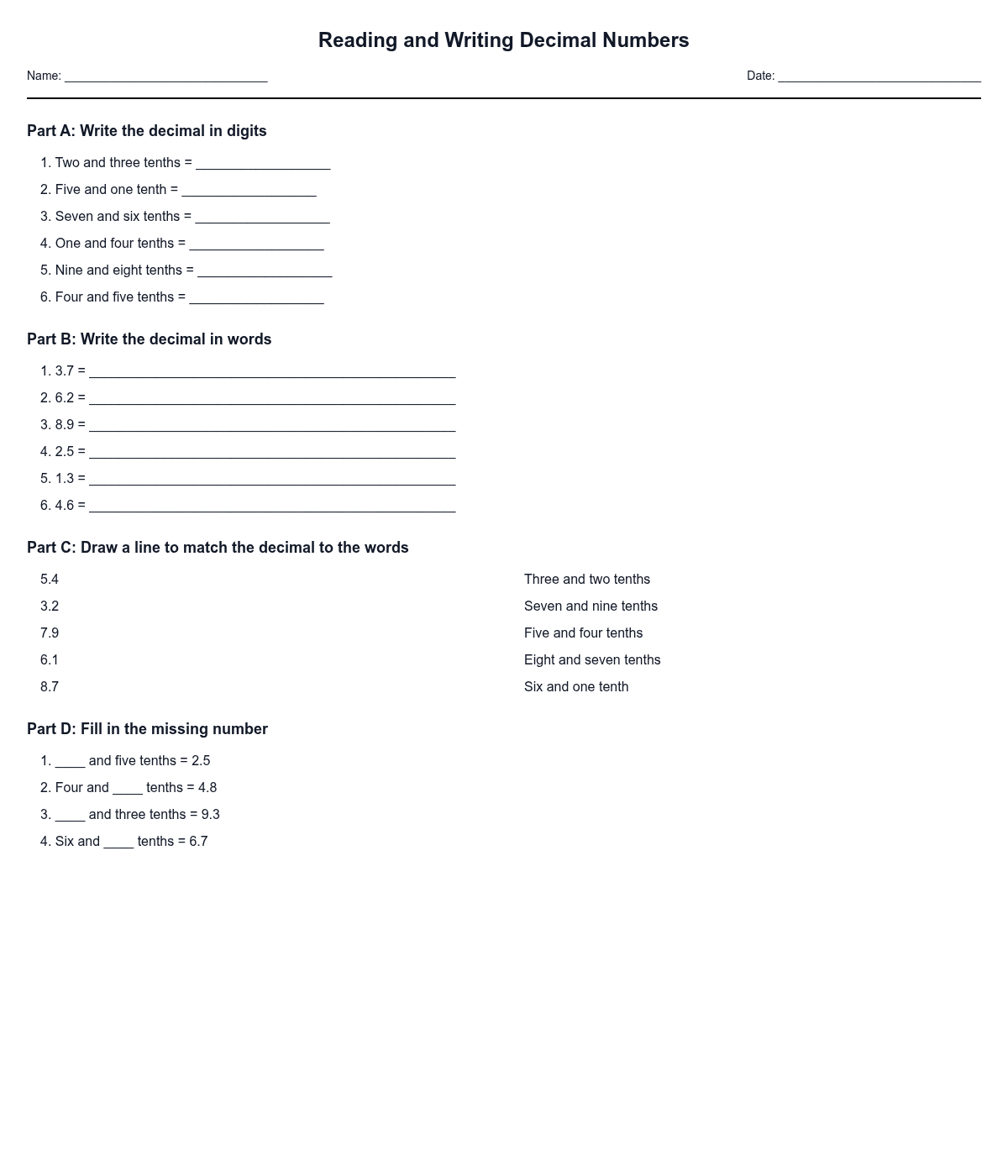 Reading and Writing Decimal Numbers