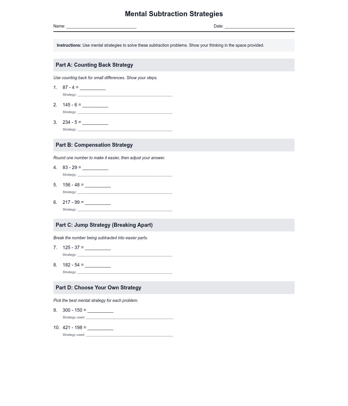 Mental Subtraction Strategies