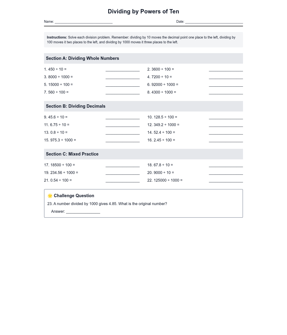Dividing by Powers of Ten
