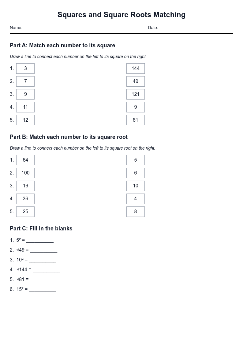 Squares and Square Roots Matching