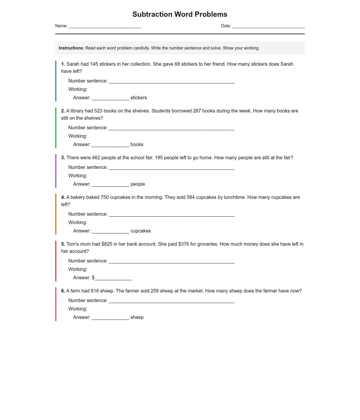 Subtraction Word Problems