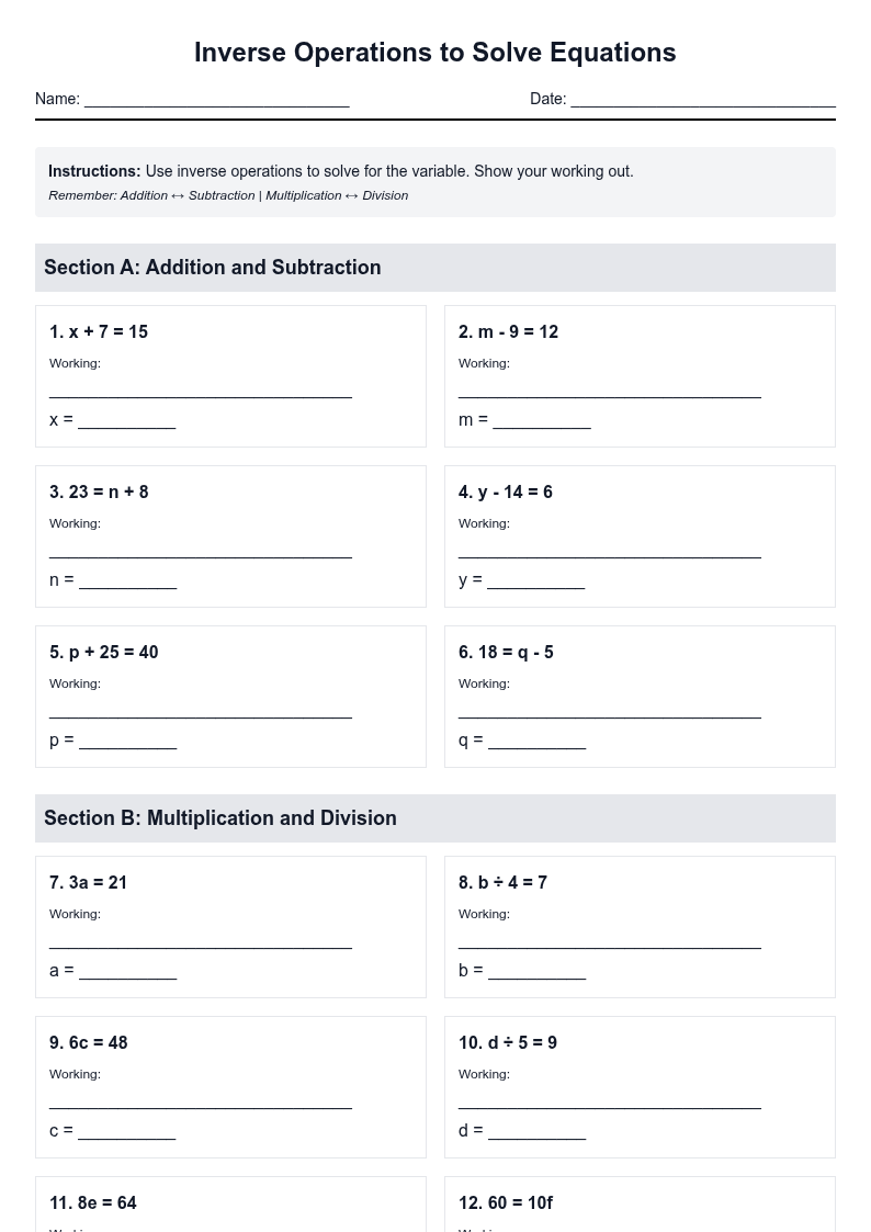 Inverse Operations to Solve Equations