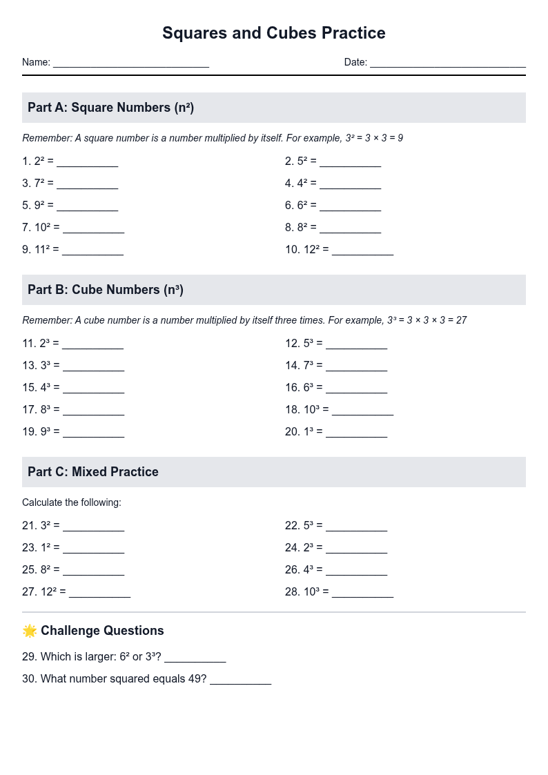 Squares and Cubes Practice