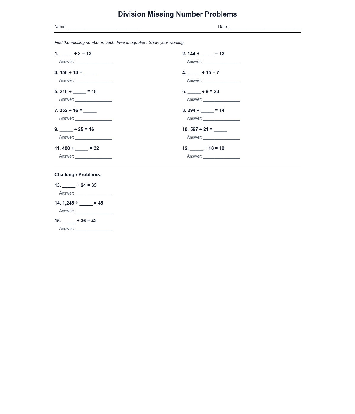 Division Missing Number Problems