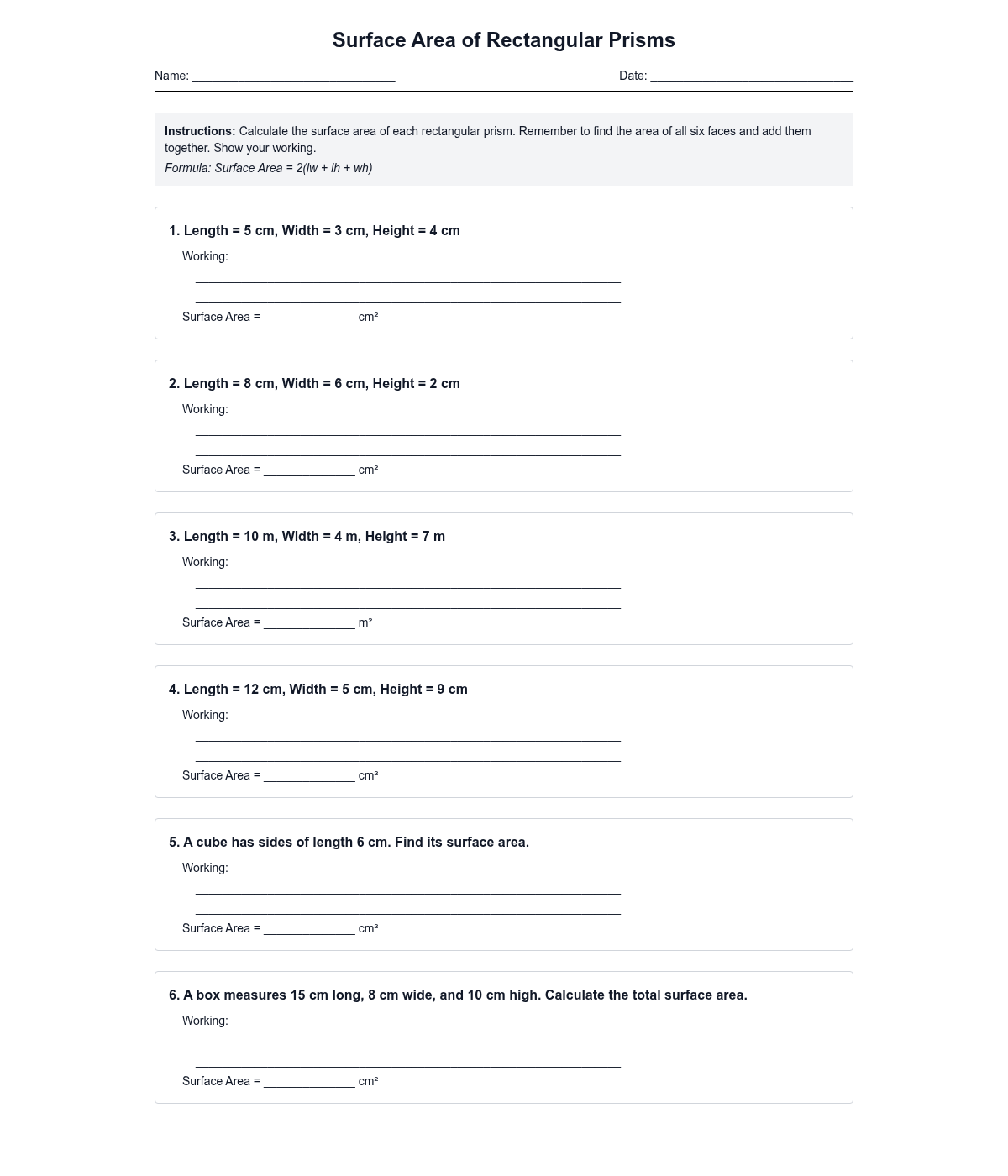 Surface Area of Rectangular Prisms