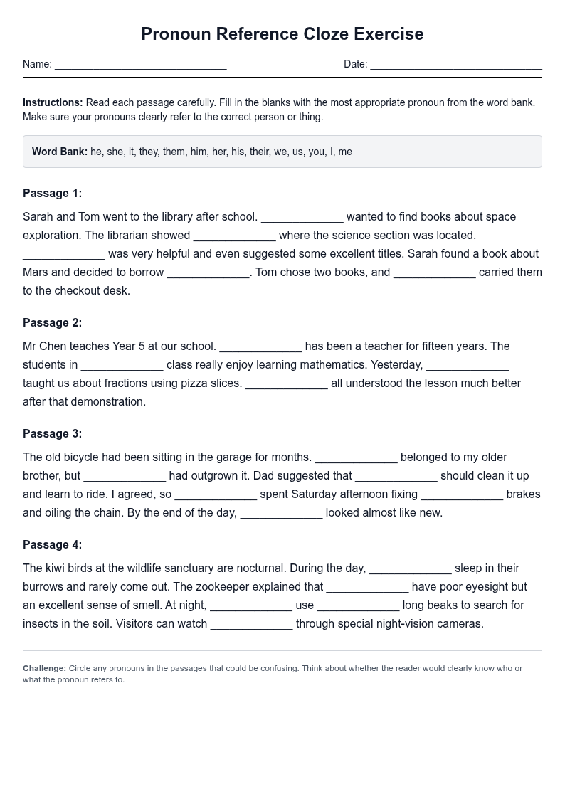 Pronoun Reference Cloze Exercise
