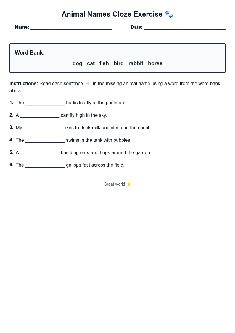 Animal Names Cloze Exercise