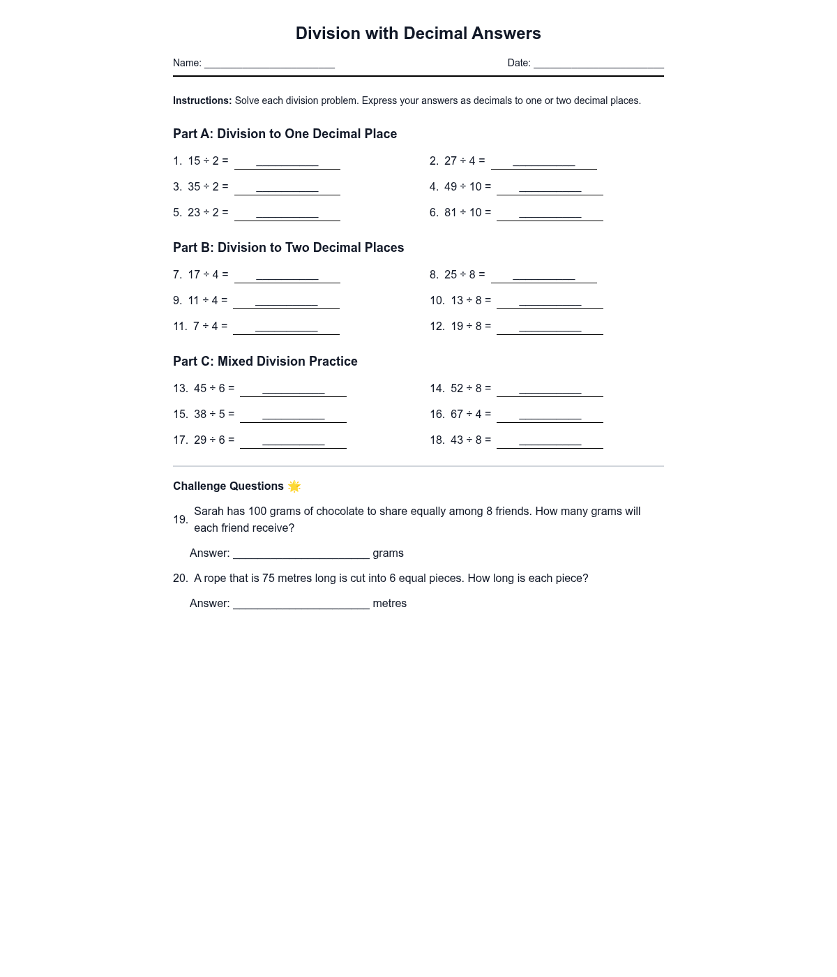 Division with Decimal Answers