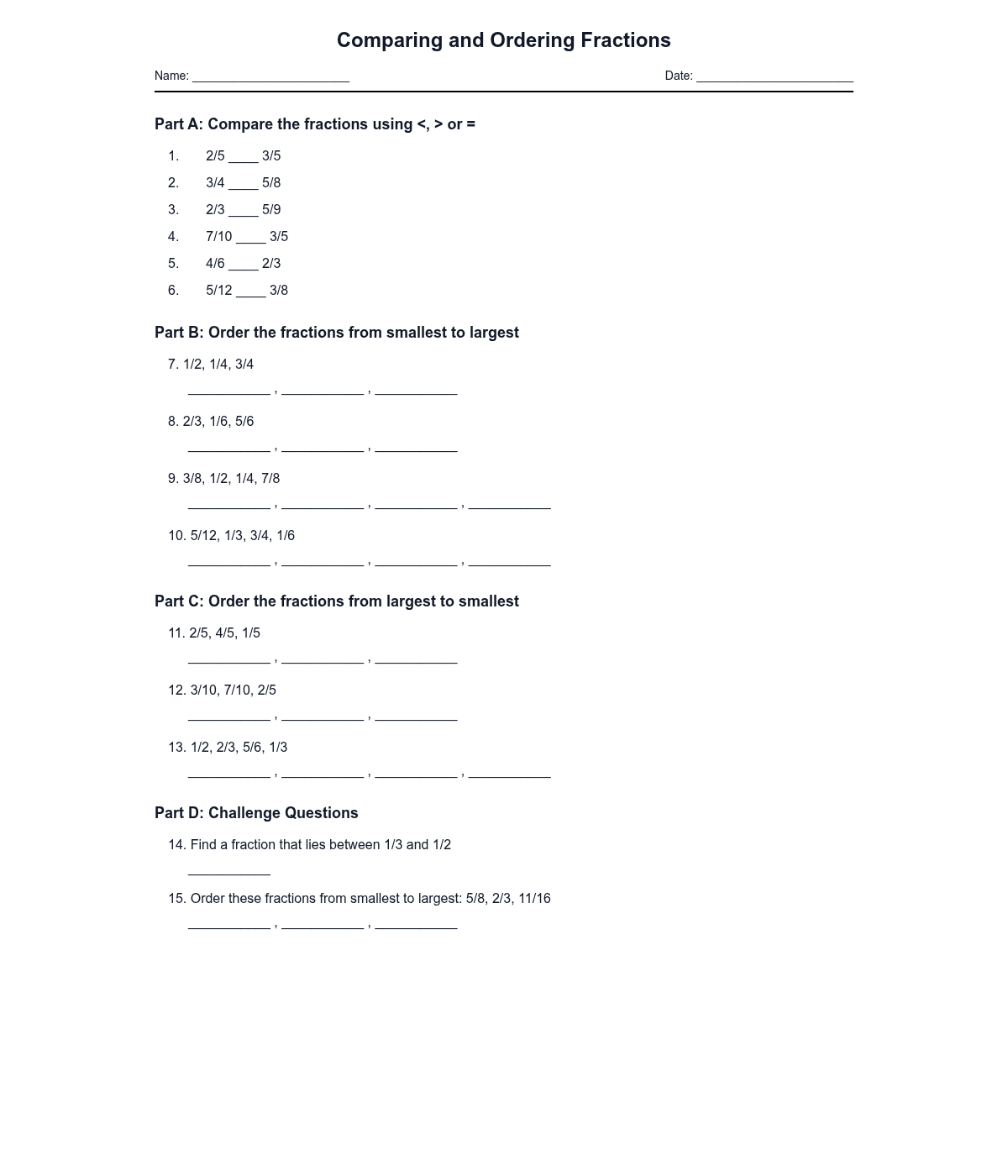 Comparing and Ordering Fractions