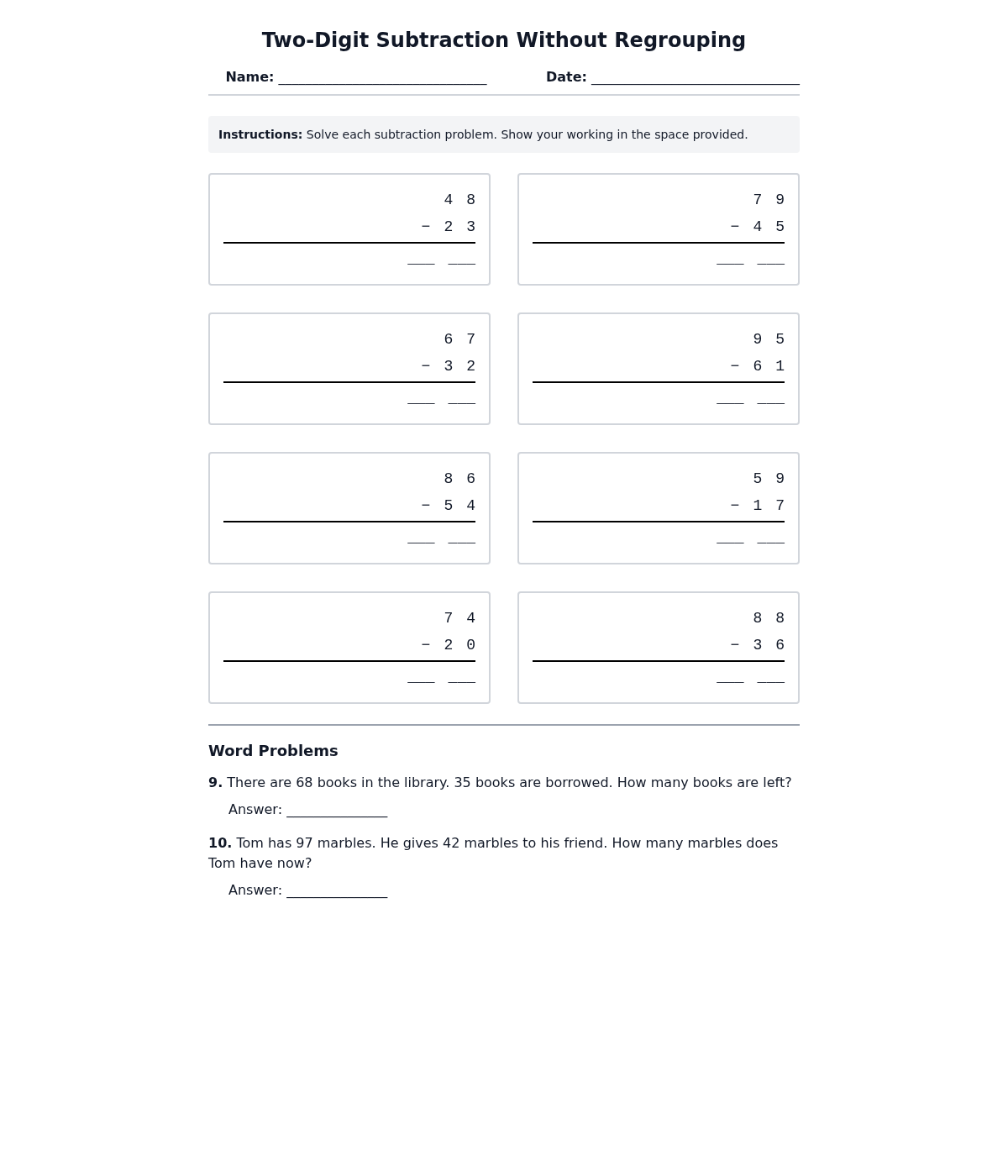Two-Digit Subtraction Without Regrouping