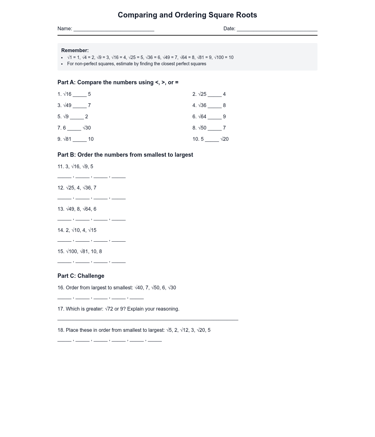 Comparing and Ordering Square Roots
