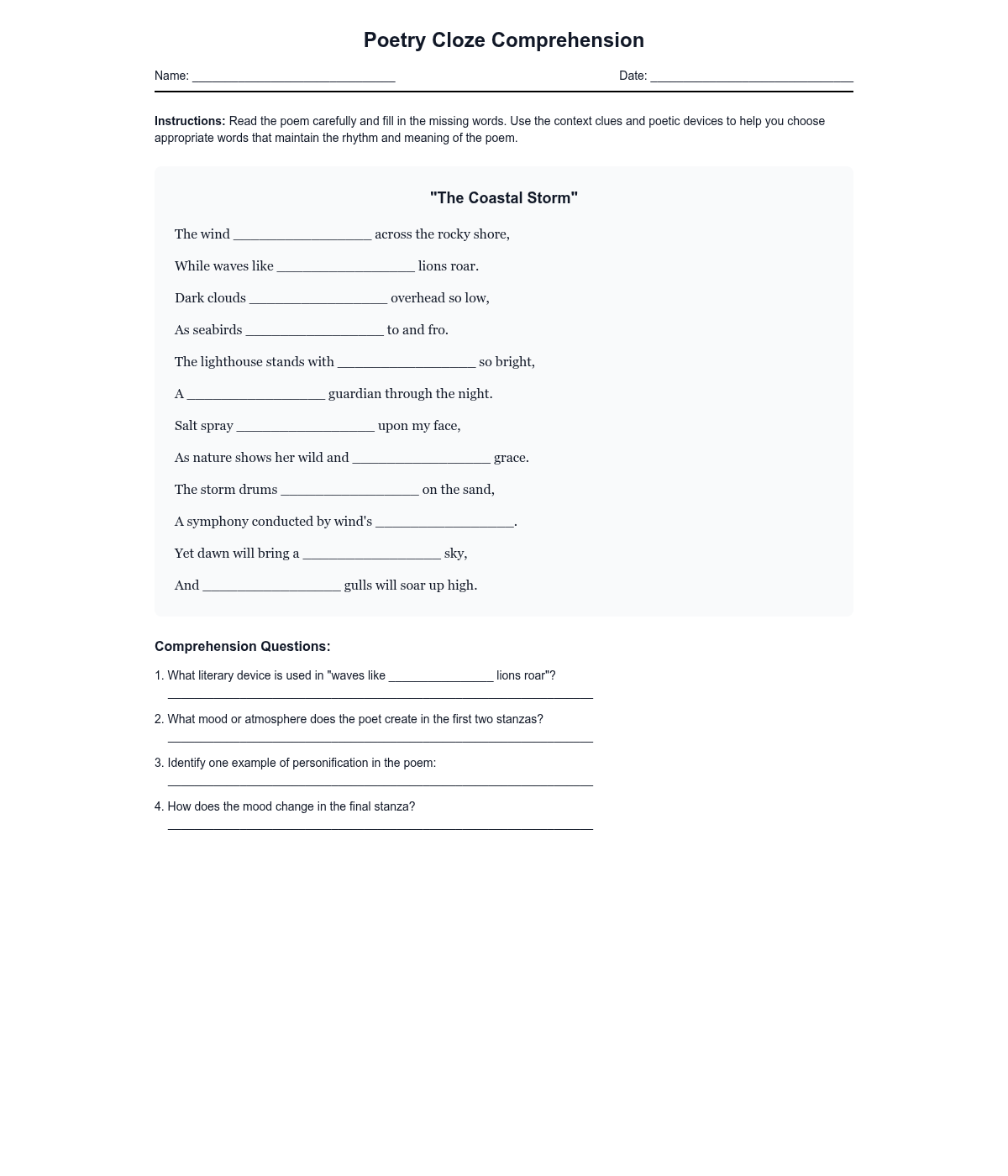 Poetry Cloze Comprehension Worksheet