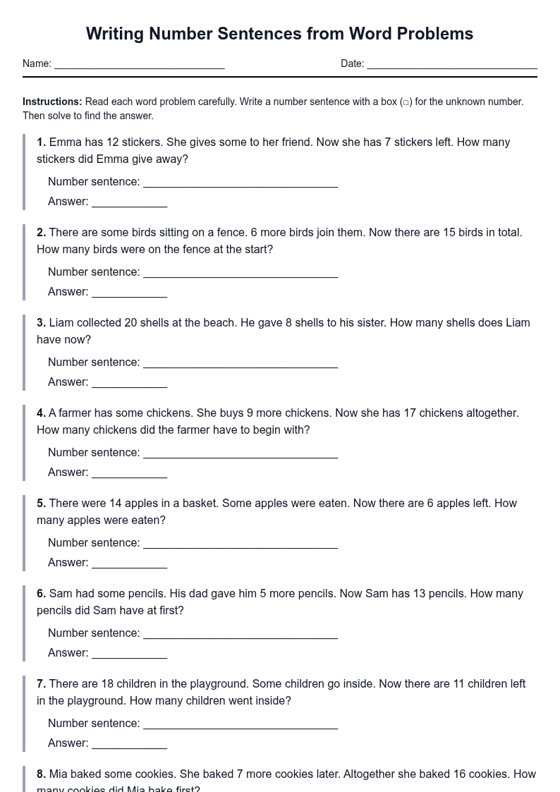 Writing Number Sentences from Word Problems