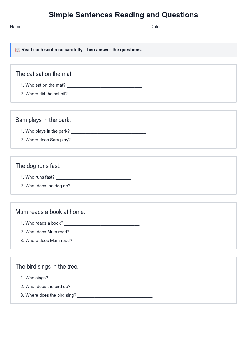 Simple Sentences Reading and Questions