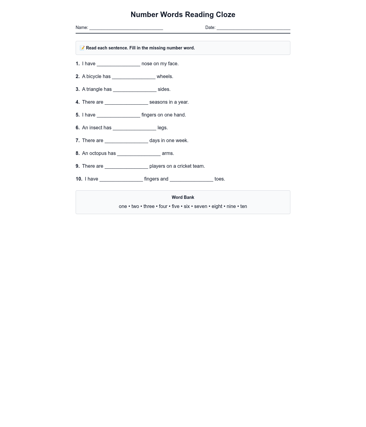 Number Words Reading Cloze