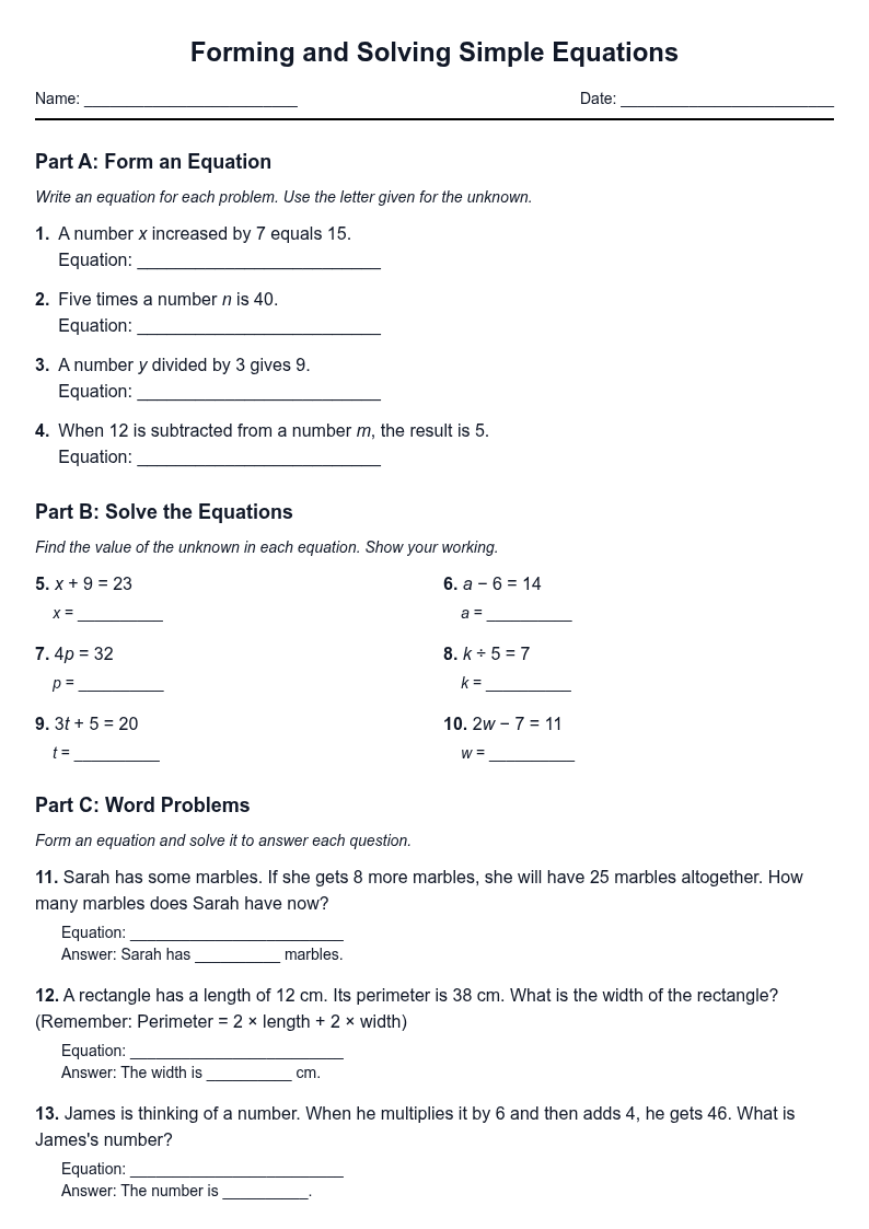 Forming and Solving Simple Equations