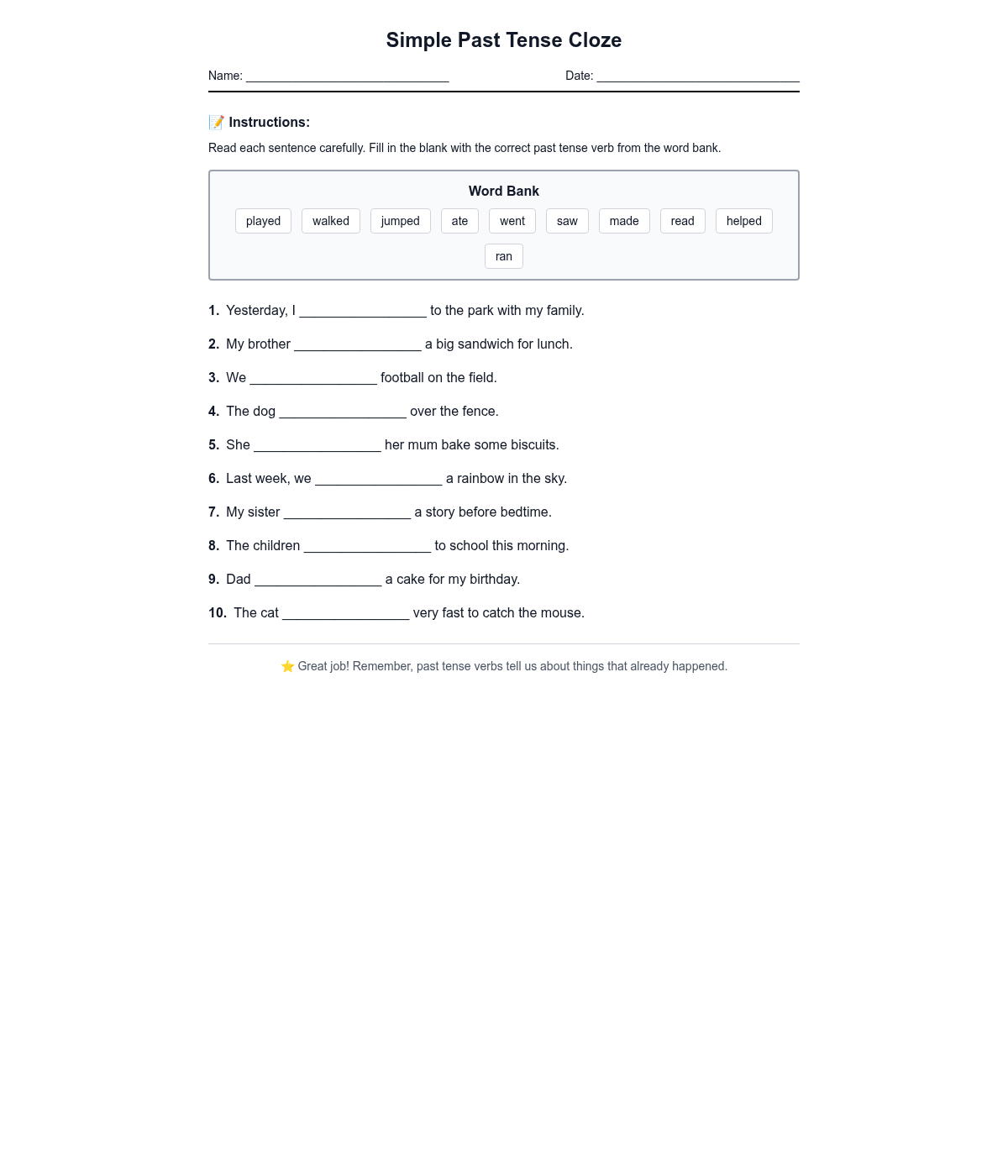 Simple Past Tense Cloze