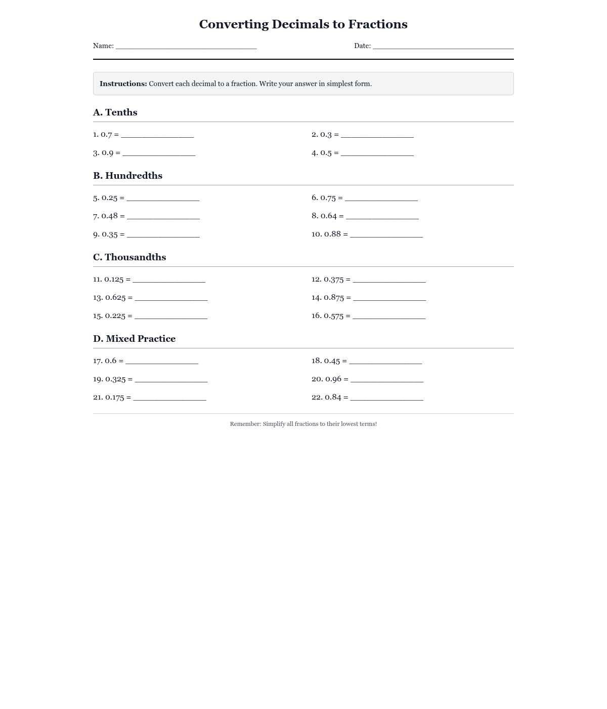 Converting Decimals to Fractions