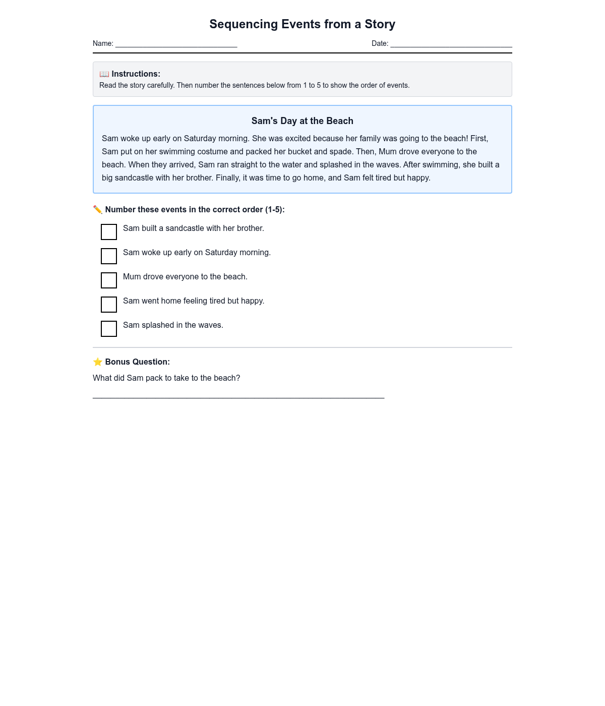 Sequencing Events from a Story