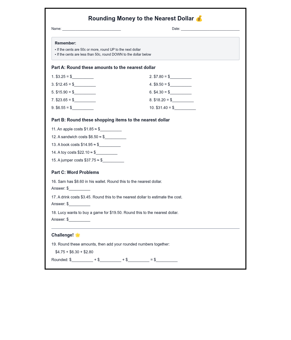 Rounding Money to the Nearest Dollar