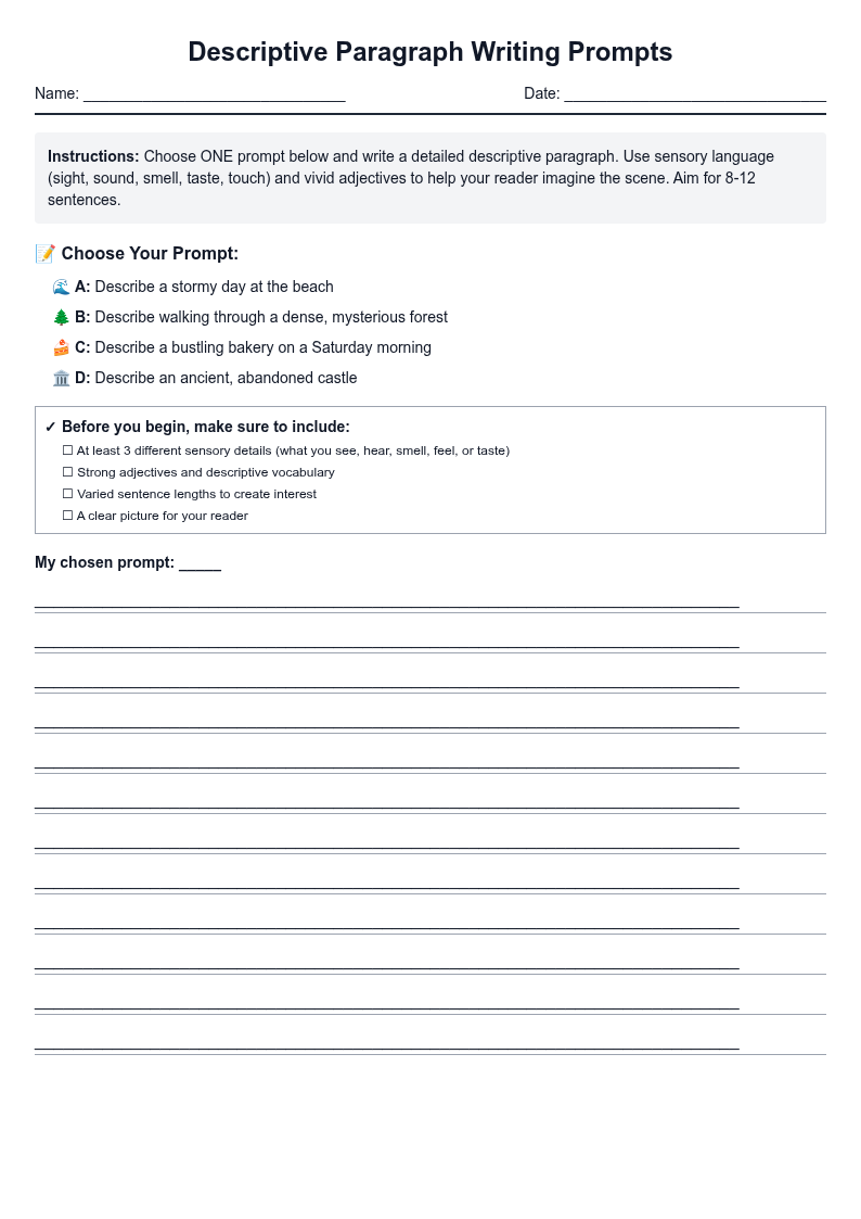 Descriptive Paragraph Writing Prompts