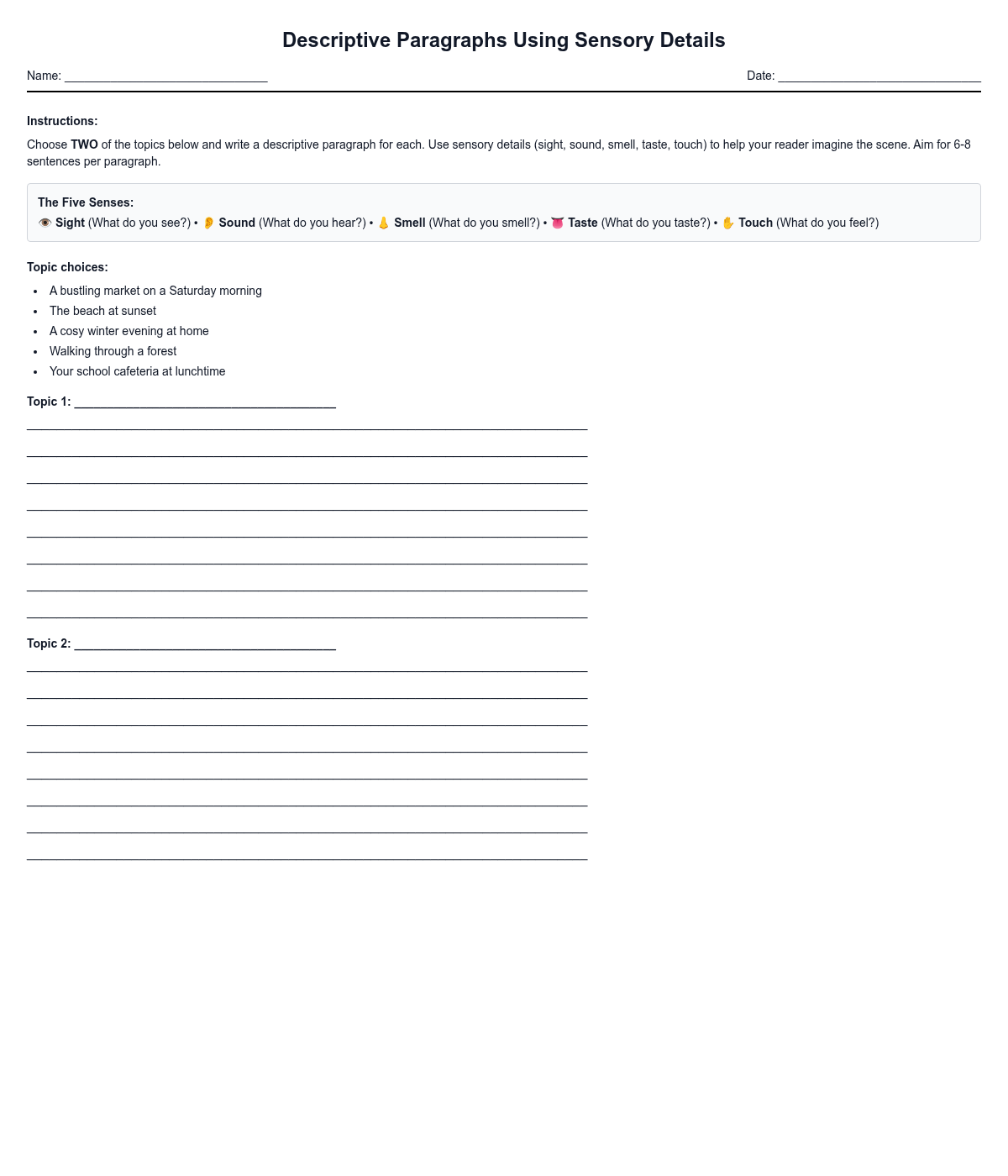 Descriptive Paragraphs Using Sensory Details