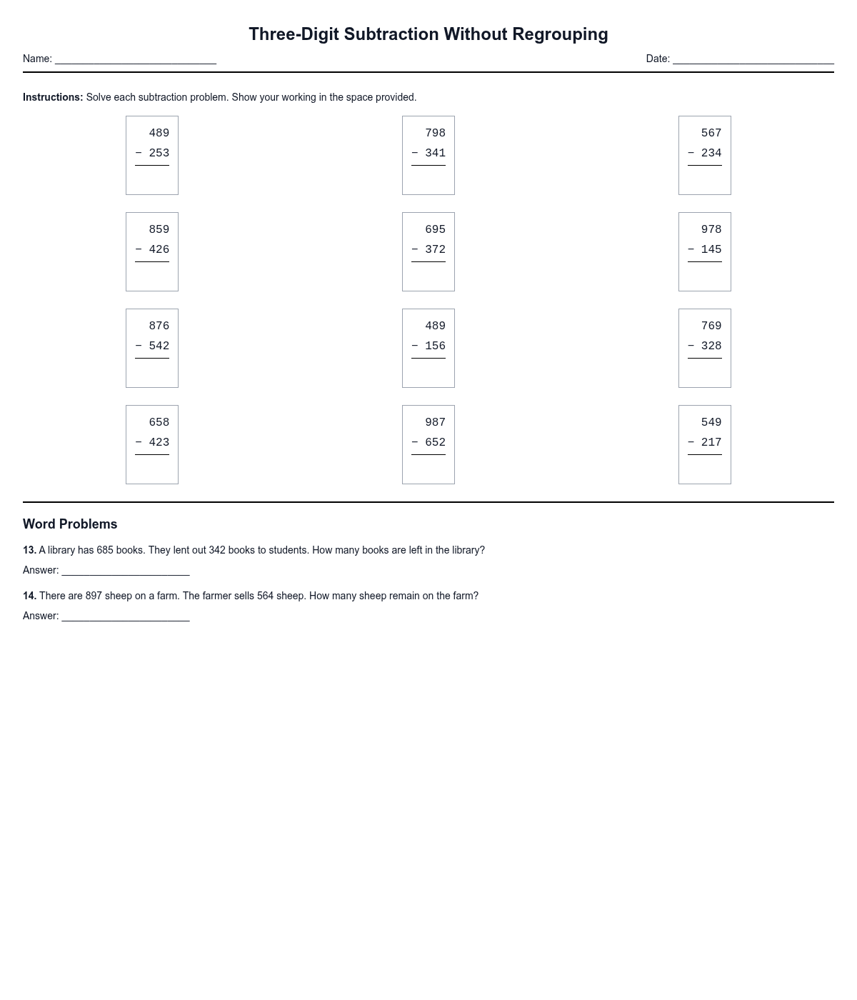 Three-Digit Subtraction Without Regrouping