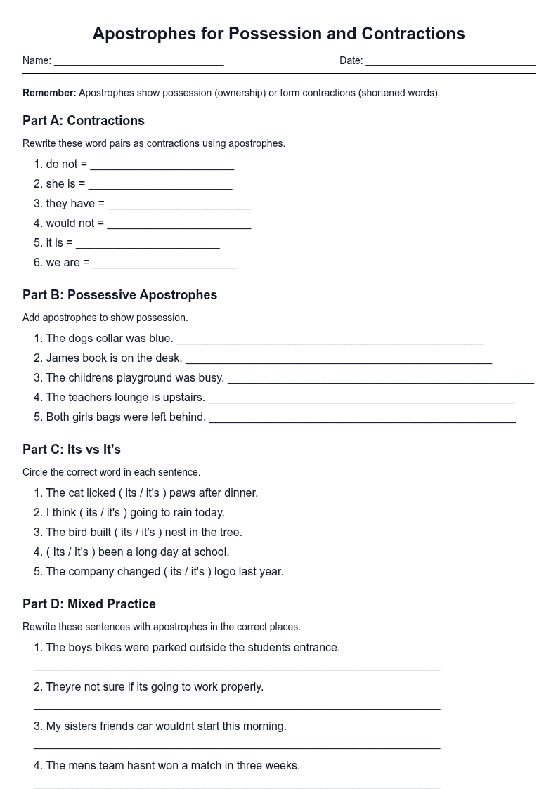 Apostrophes for Possession and Contractions