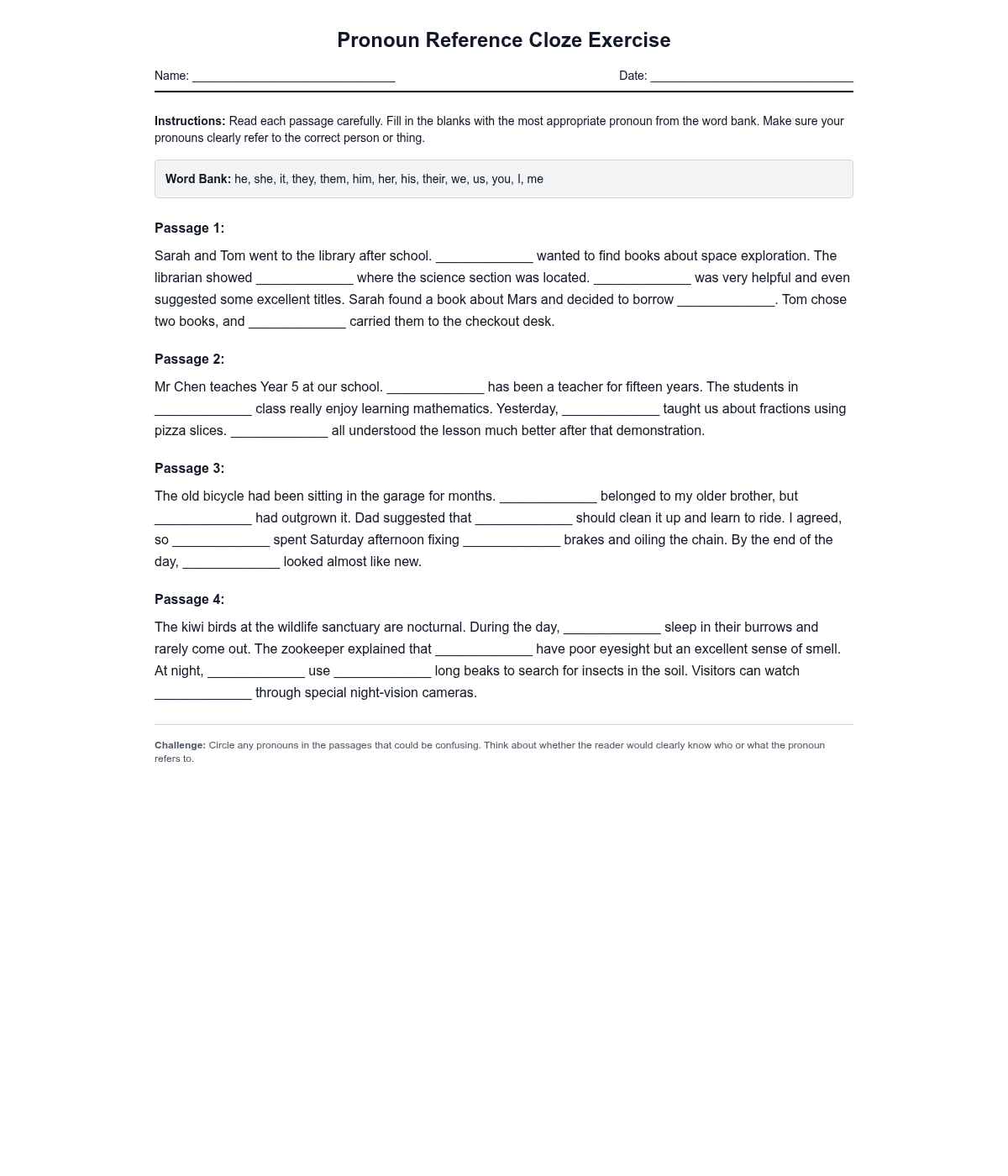 Pronoun Reference Cloze Exercise