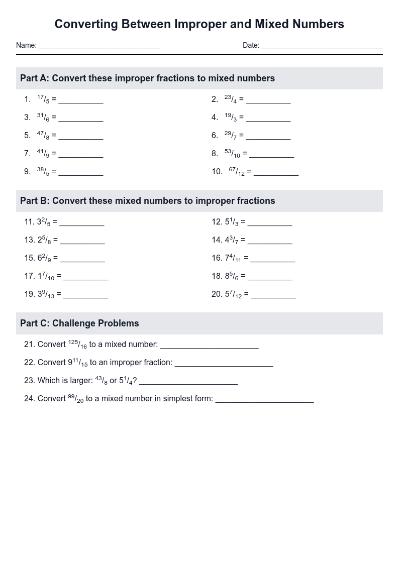 Converting Between Improper and Mixed Numbers