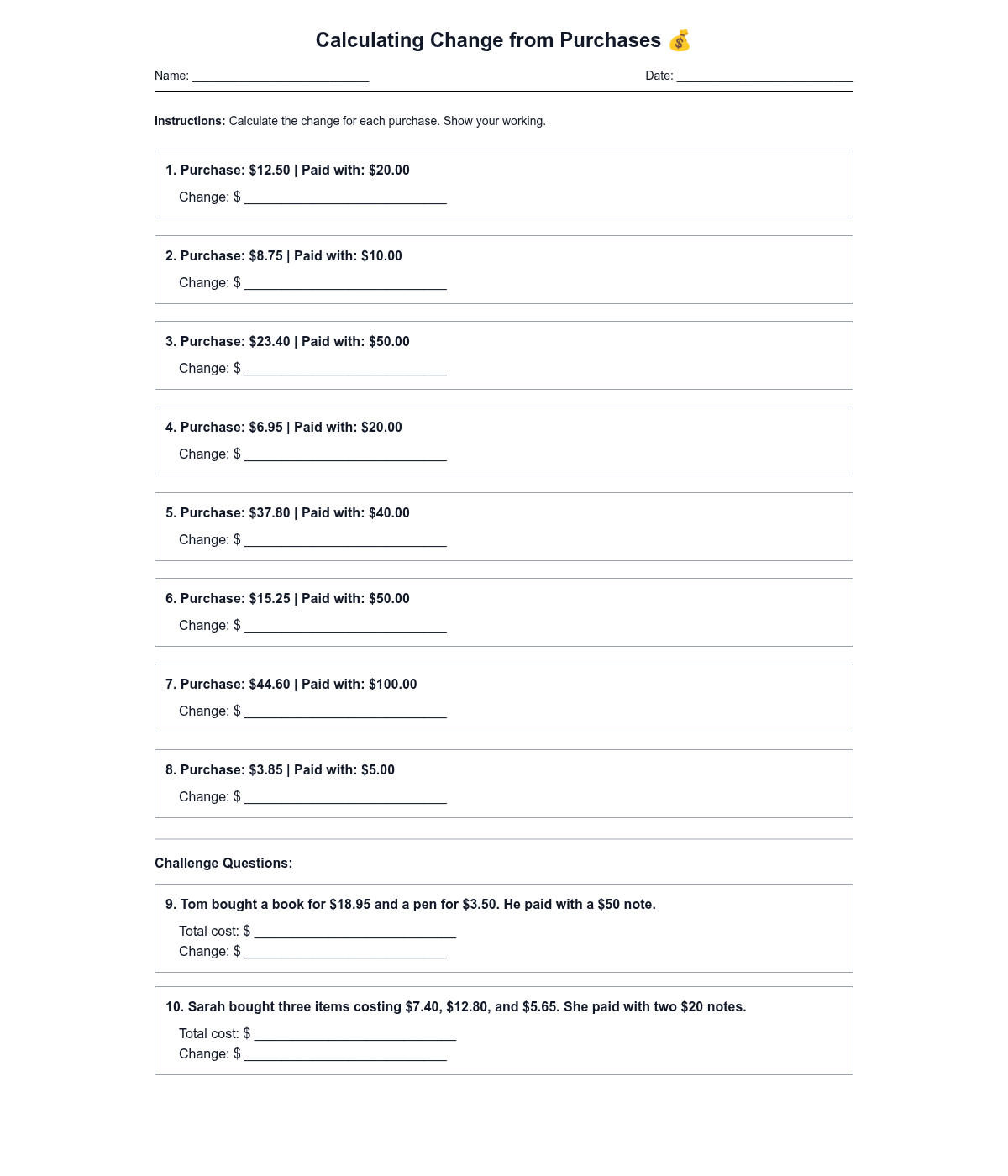 Calculating Change from Purchases