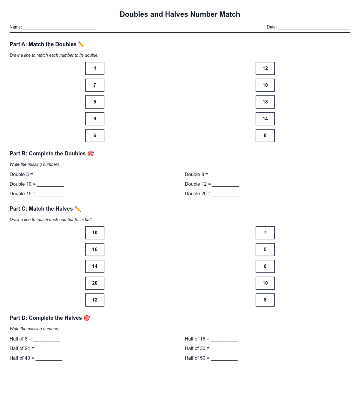 Doubles and Halves Number Match