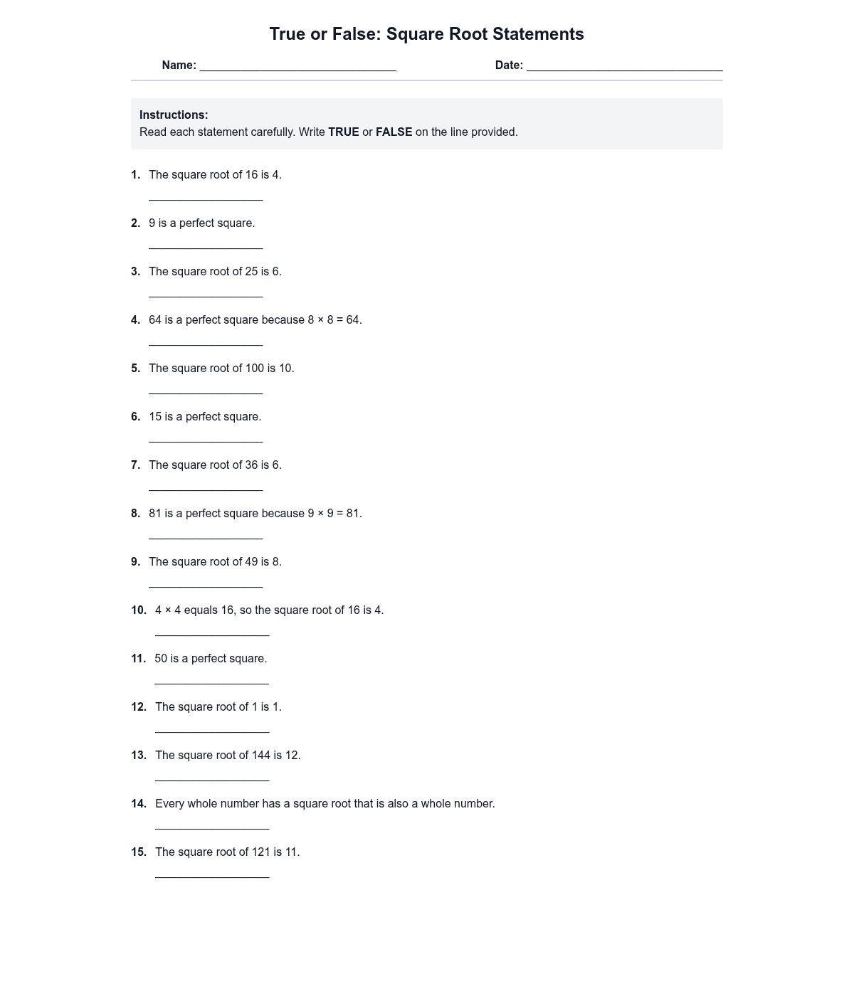 True or False Square Root Statements