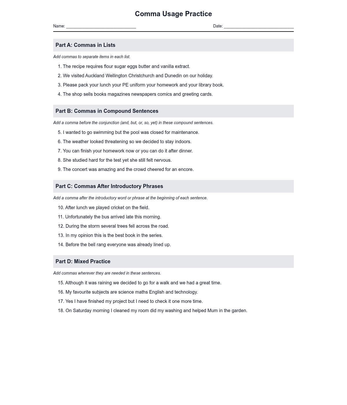 Comma Usage Practice