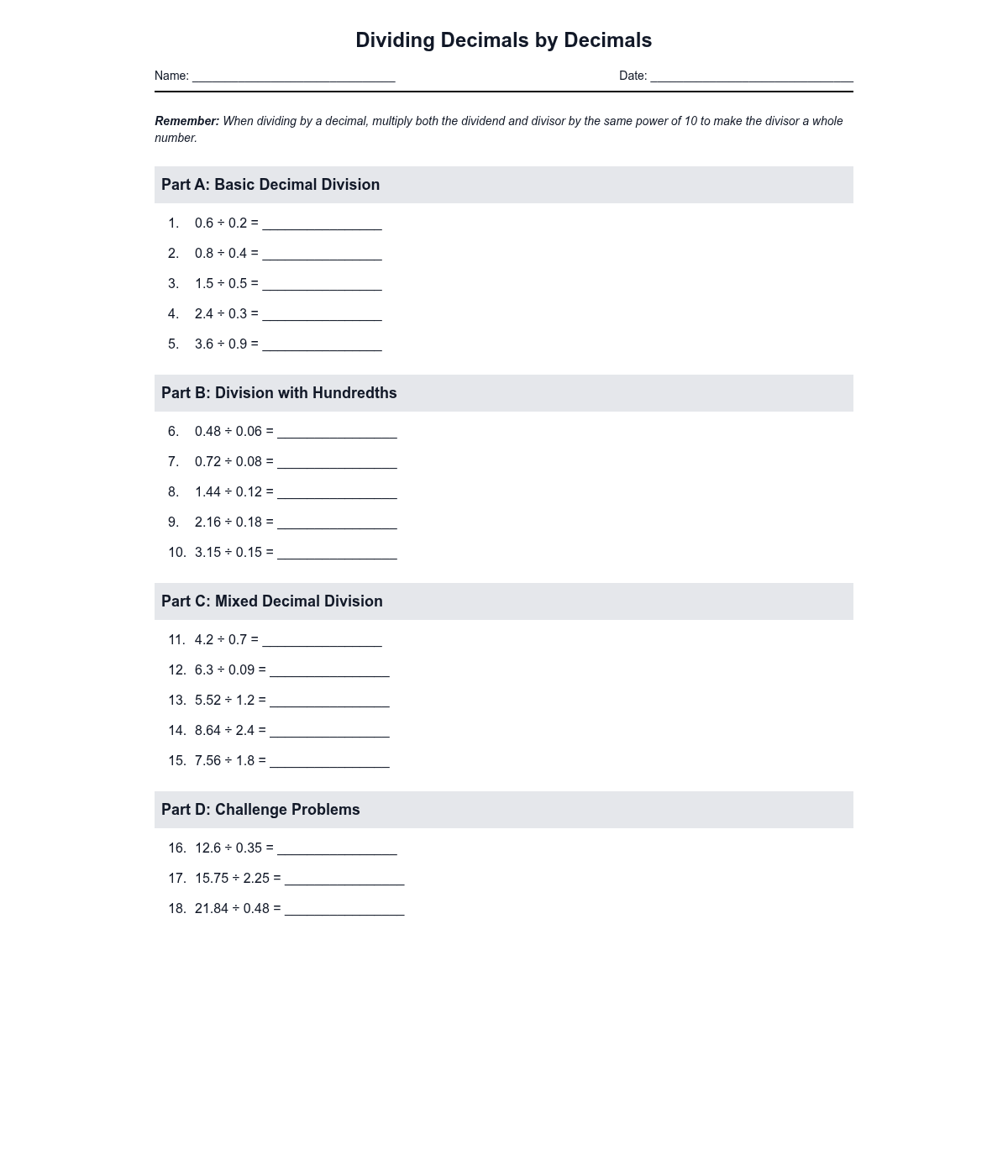 Dividing Decimals by Decimals