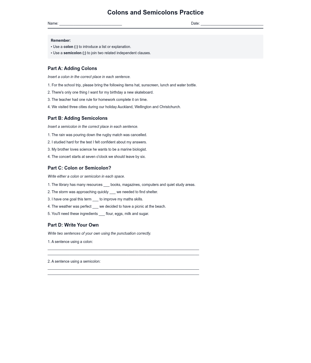 Colons and Semicolons Practice