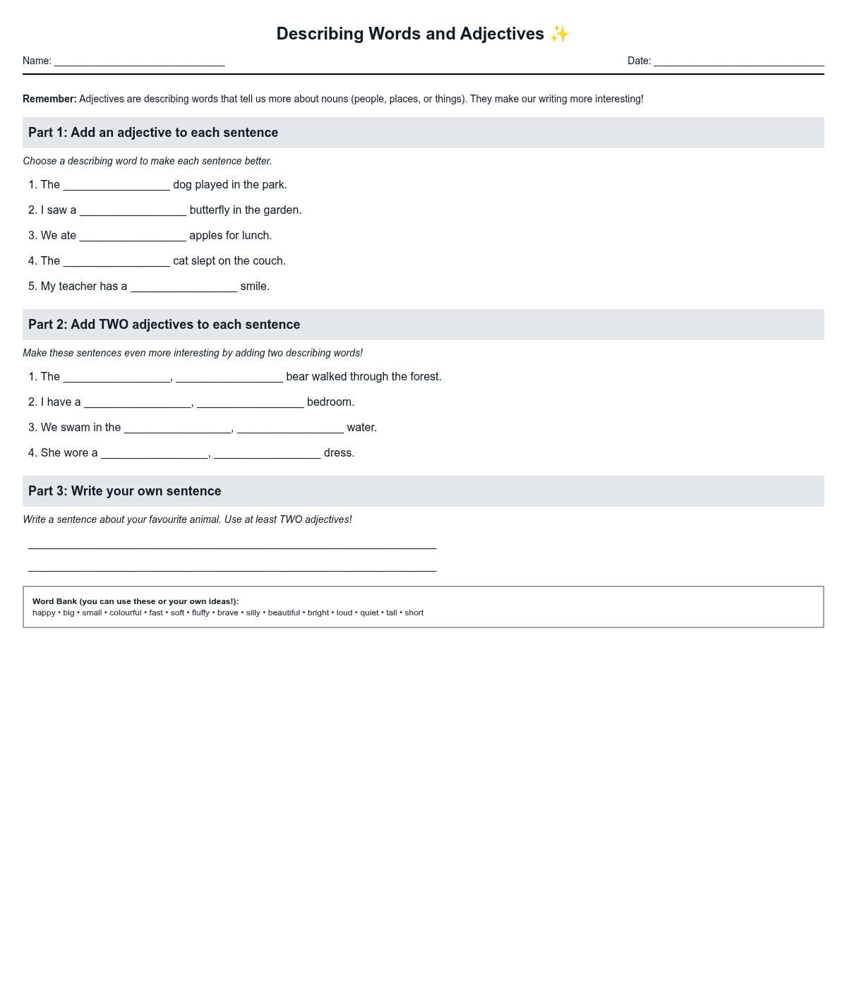 Describing Words and Adjectives