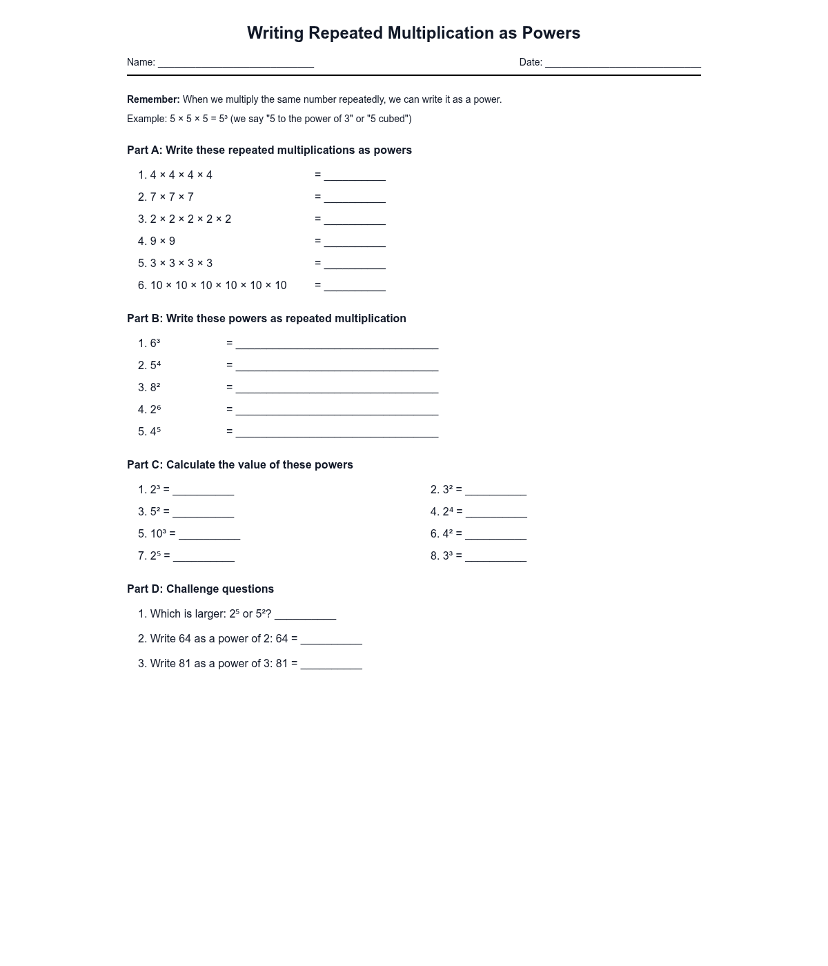 Writing Repeated Multiplication as Powers