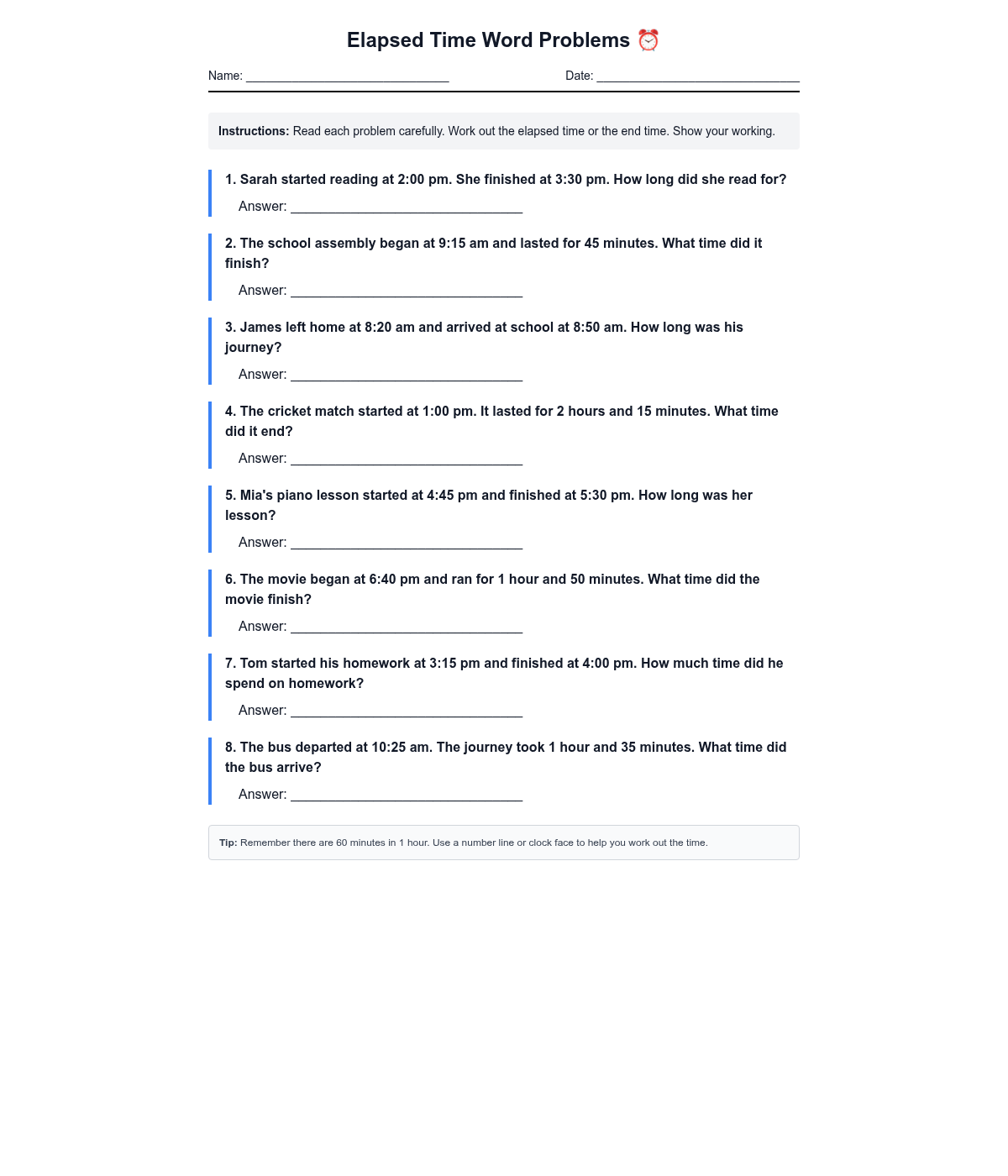 Elapsed Time Word Problems