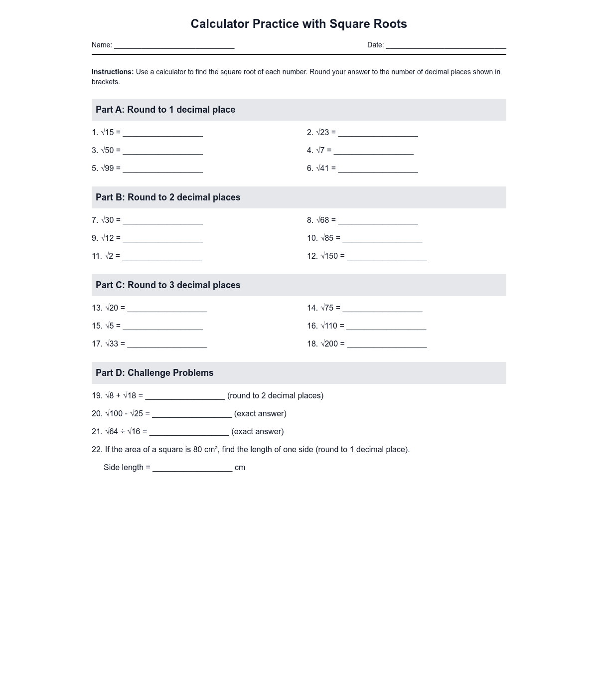 Calculator Practice with Square Roots