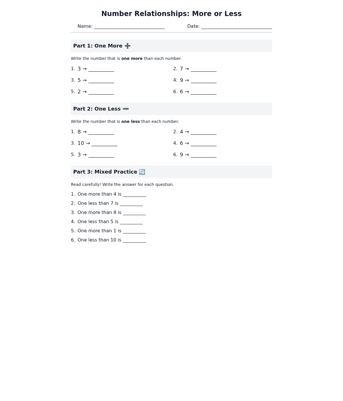 Number Relationships More or Less